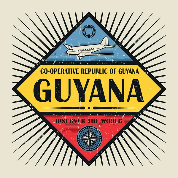 Timbro o emblema vintage testo Guyana, Scoprire il mondo — Vettoriale Stock