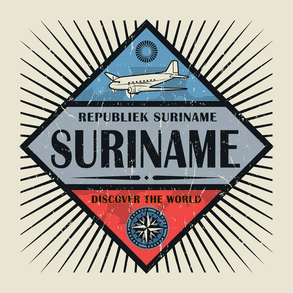 Sello o texto del emblema vintage Surinam, Discover the World — Vector de stock
