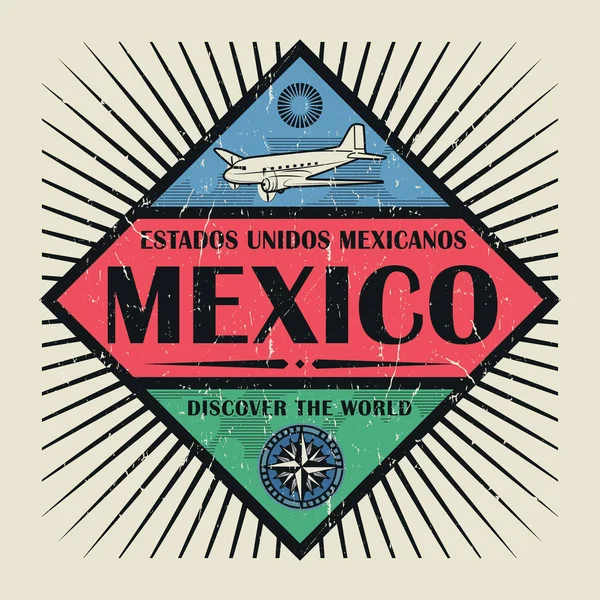 邮票或老式会徽文本墨西哥，发现世界 — 图库矢量图片
