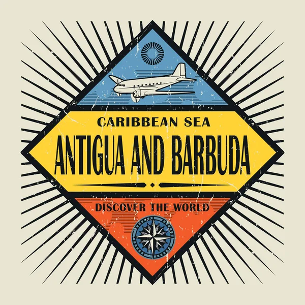 Stempel of jaargang embleem tekst Antigua en Barbuda, ontdek de W — Stockvector