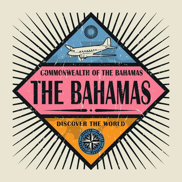 Texto del emblema de sello o vintage Bahamas, Descubre el mundo — Vector de stock