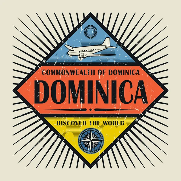 Pieczęć lub tekst vintage godło Dominika, odkryj świat — Wektor stockowy