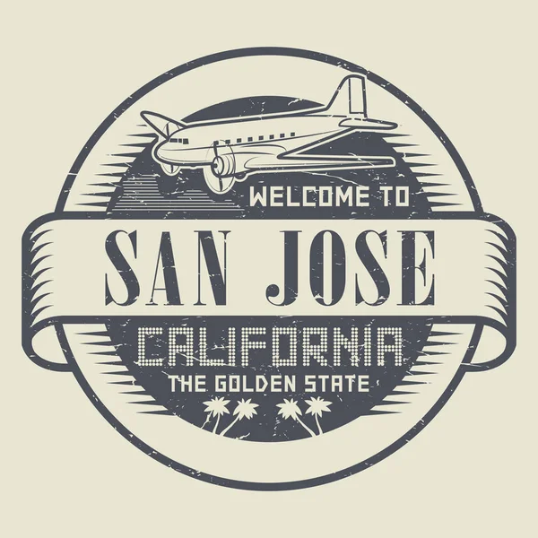 Timbre avec avion et texte Bienvenue en Californie, San José — Image vectorielle