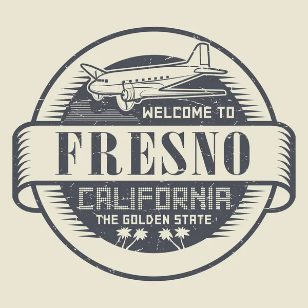 Sello con avión y texto Bienvenido a California, Fresno — Archivo Imágenes Vectoriales