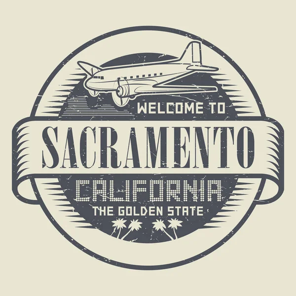 飛行機とテキスト スタンプ カリフォルニア州サクラメントへようこそ — ストックベクタ