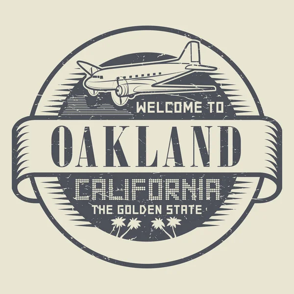 Sello con avión y texto Bienvenido a California, Oakland — Vector de stock