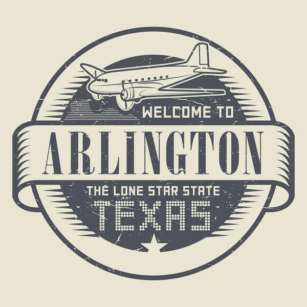 Selo ou etiqueta com avião e texto Bem-vindo ao Texas, Arlington — Vetor de Stock