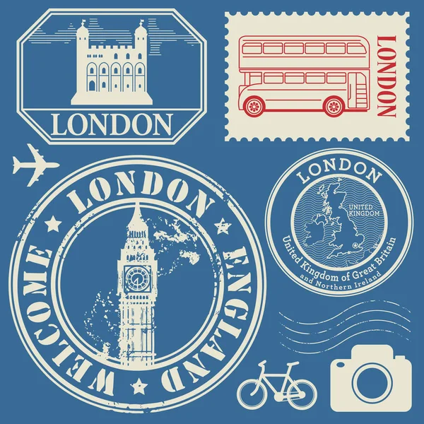 Ταξίδια γραμματόσημα ή σύνολο συμβόλων, Αγγλία και το Λονδίνο θέμα — Διανυσματικό Αρχείο