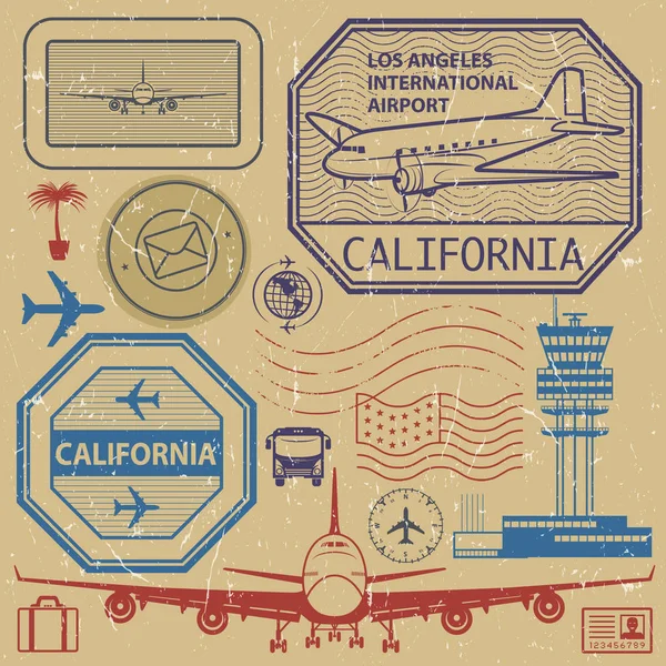 Retro Usa luchthaven stempels set, Los Angeles, Californië thema — Stockvector