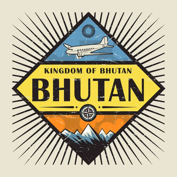 Timbre avec avion, boussole, montagnes et texte Bhoutan — Image vectorielle