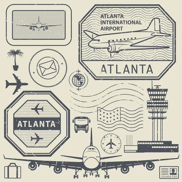 Retro poštovní Usa letiště razítka sada příborů, Atlanta téma — Stockový vektor