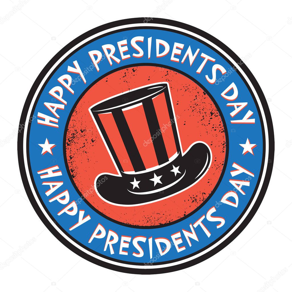 Grunge color stamp with hat and text Happy Presidents Day