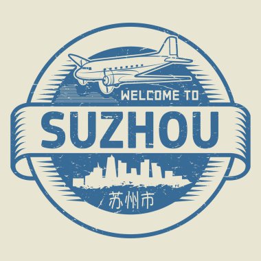 Grunge lastik damgası veya etiketi ile metin Suzhou hoş geldiniz