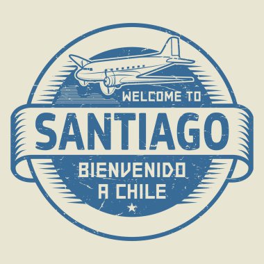 Damga veya etiketi ile uçak metin Santiago, Şili'ye hoş geldiniz