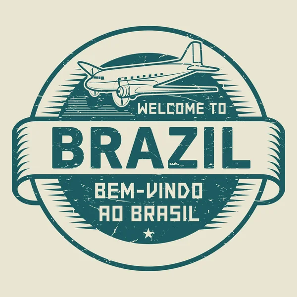 Sello o etiqueta con avión y texto Bienvenido a Brasil — Vector de stock