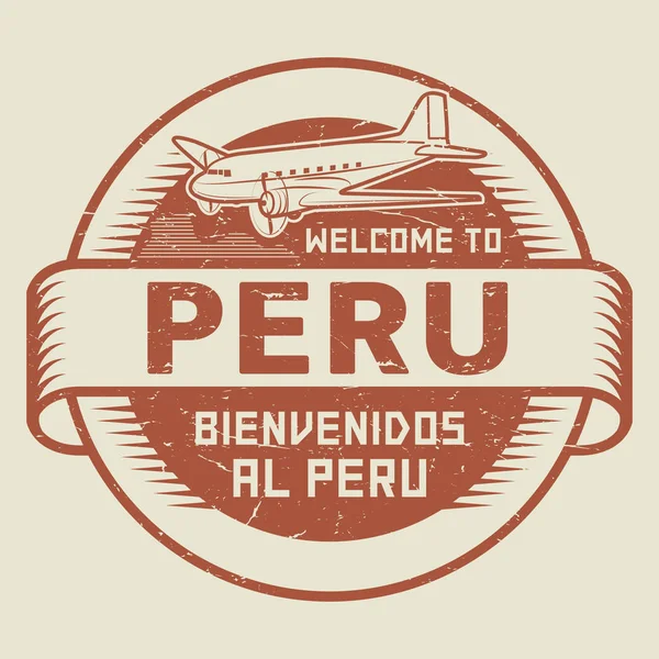 Stempel of label met vliegtuig en tekst welkom in Peru — Stockvector