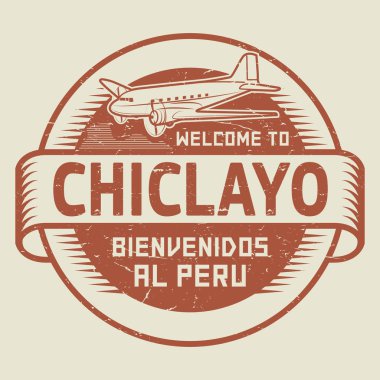 Damga veya etiketi ile uçak metin Hoşgeldiniz Chiclayo, Peru