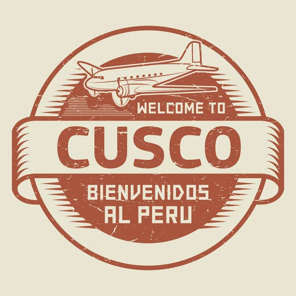 Damga veya etiketi ile uçak metin Cusco, Peru hoş geldiniz — Stok Vektör