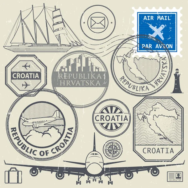 Timbres de voyage ou symboles d'aventure mis thème Croatie — Image vectorielle
