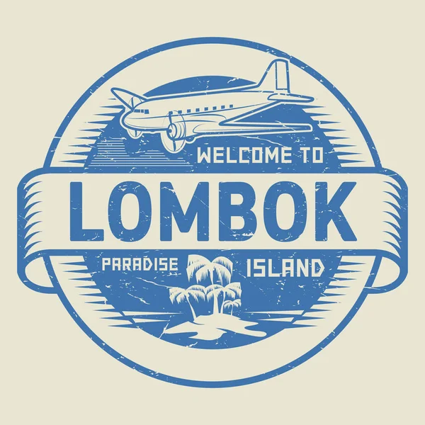 Briefmarke mit dem Text Willkommen auf Lombok, Paradiesinsel — Stockvektor