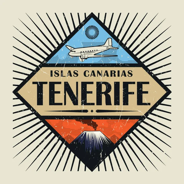 Emblema con avión, volcán y texto Tenerife, isla canaria — Vector de stock