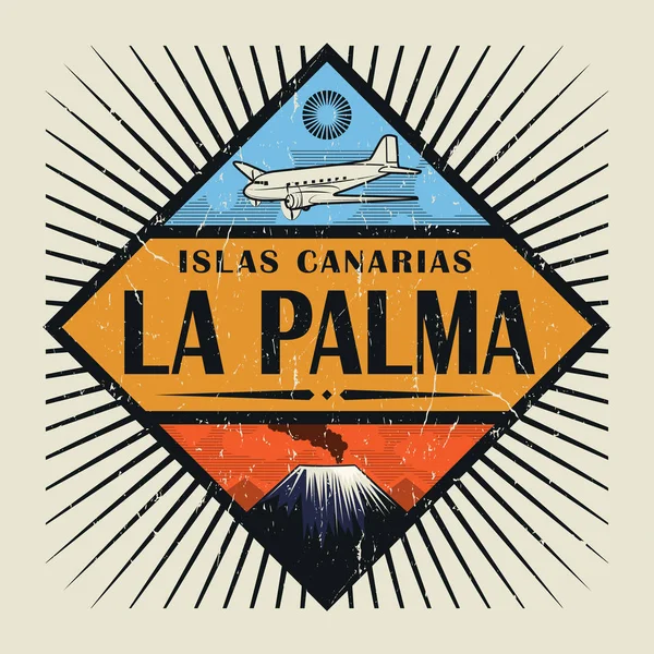 Embleem met vliegtuig, de vulkaan en de tekst La Palma, Canarische eiland — Stockvector