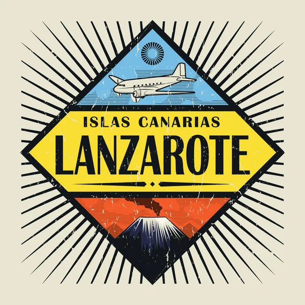 Emblema con avión, volcán y texto Lanzarote, Islas Canarias — Vector de stock