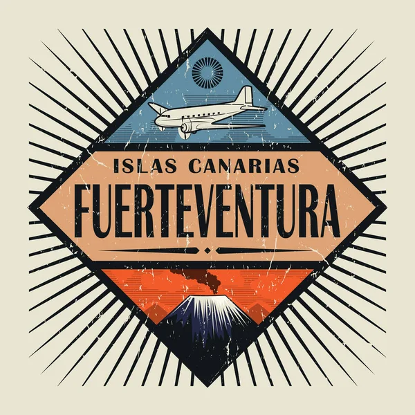 สัญลักษณ์ที่มีเครื่องบิน ภูเขาไฟ และข้อความ Fuerteventura คานารี — ภาพเวกเตอร์สต็อก
