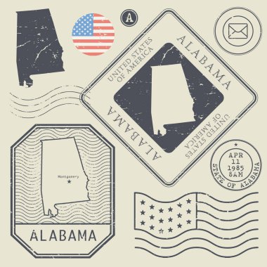 Retro vintage posta pulları Alabama, Amerika Birleşik Devletleri ayarla