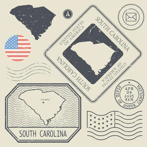 レトロなビンテージ切手セット、サウスカロライナ州、アメリカ合衆国 — ストックベクタ