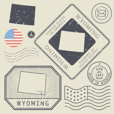 Retro vintage posta pulları Wyoming, Amerika Birleşik Devletleri ayarla