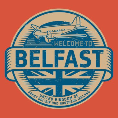 Damga veya etiketi ile uçak metin Belfast, Birleşik parka Hoşgeldiniz