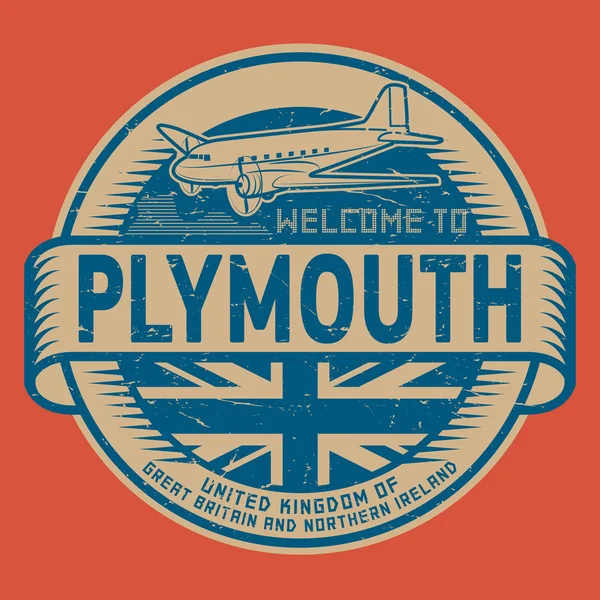 Francobollo con testo dell'aereo Benvenuti a Plymouth, Regno Unito — Vettoriale Stock