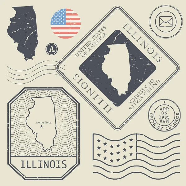 Conjunto de sellos postales retro vintage Illinois, Estados Unidos — Vector de stock