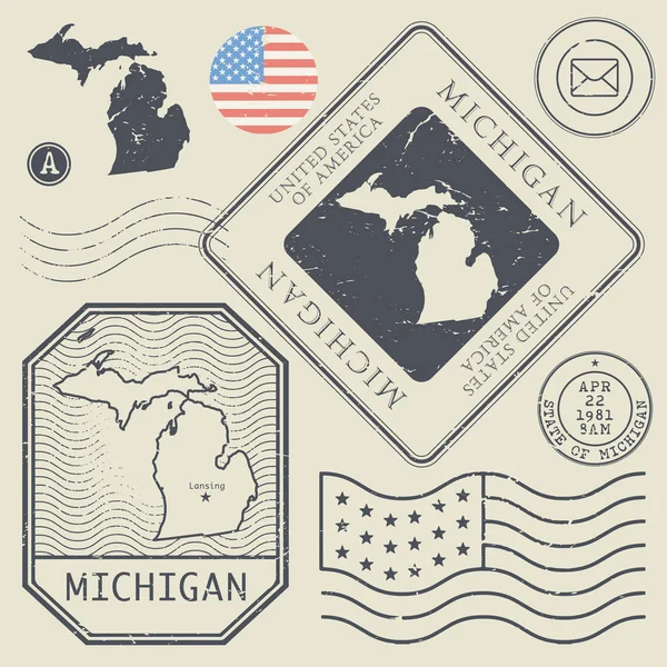 Set francobolli retrò vintage Michigan, Stati Uniti — Vettoriale Stock
