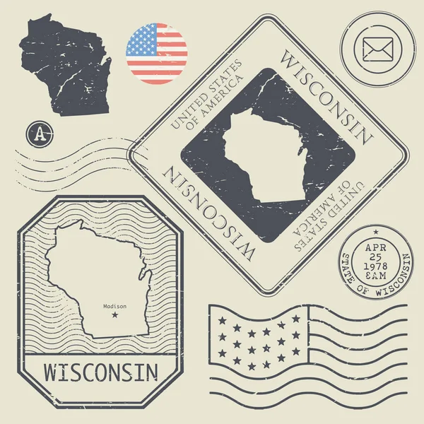 Retro vintage postzegels instellen Wisconsin, Verenigde Staten — Stockvector