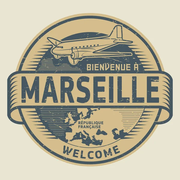 Stamp or tag with airplane and text Welcome to Marseille, France — Stock Vector