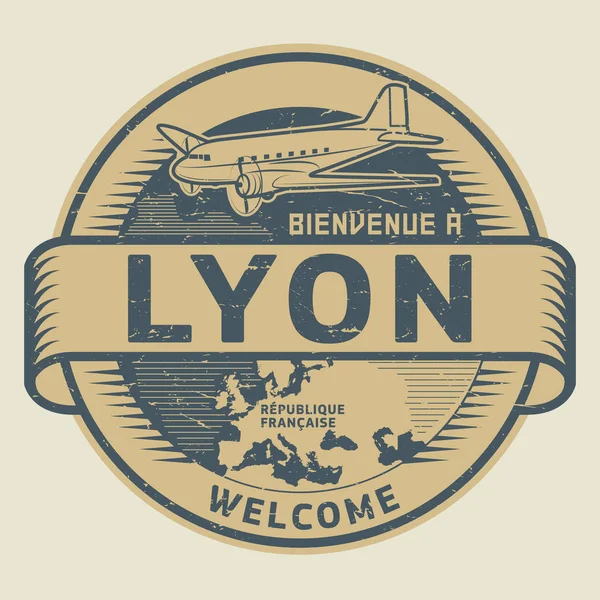 Stamp or tag with airplane and text Welcome to Lyon, France — Stock Vector