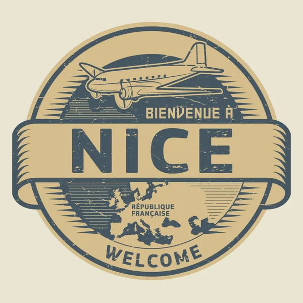 Timbre ou étiquette avec avion et texte Bienvenue à Nice, France — Image vectorielle