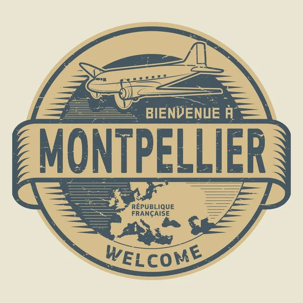 Stempel of label met vliegtuig en tekst welkom in Montpellier, Fran — Stockvector