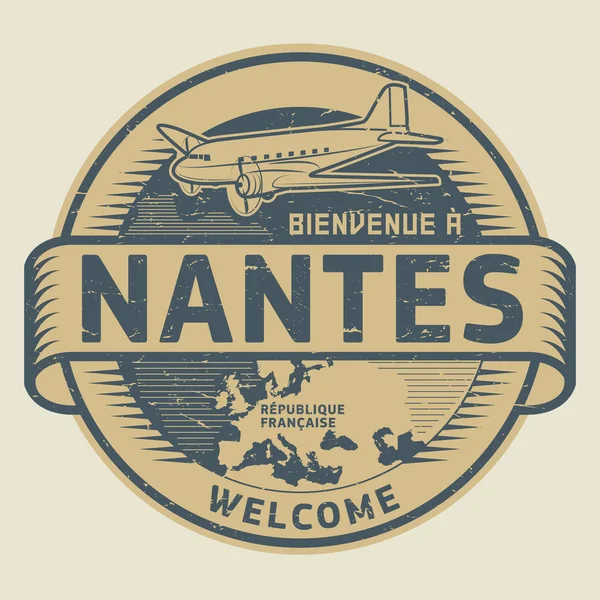 Stamp or tag with airplane and text Welcome to Nantes, France — Stock Vector