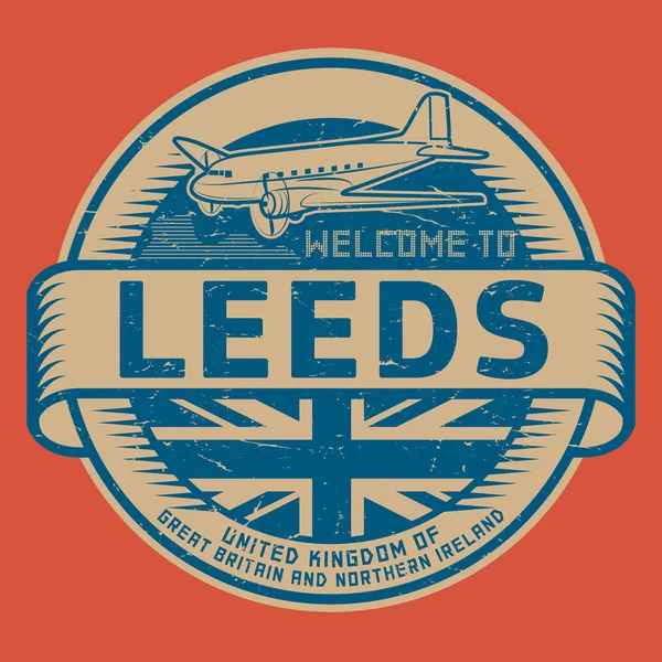 Timbro o etichetta con testo dell'aereo Benvenuti a Leeds, Regno Unito — Vettoriale Stock