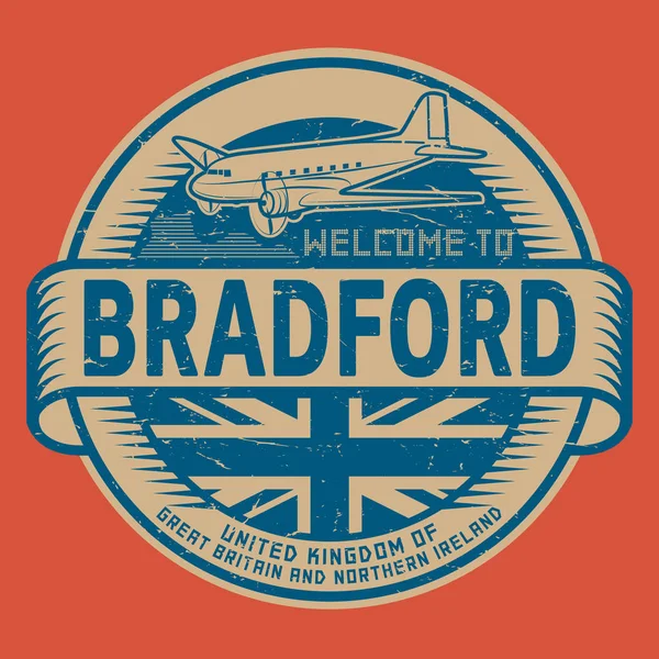 Stamp or tag with airplane text Welcome to Bradford, United King — Stock Vector