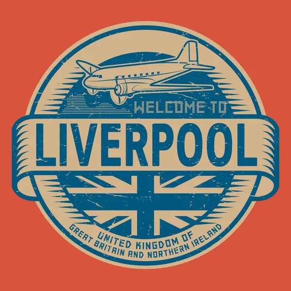 Timbro o etichetta con testo dell'aereo Benvenuti a Liverpool, Regno Unito — Vettoriale Stock