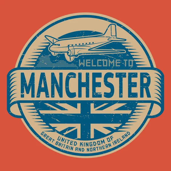 Timbro o etichetta con testo dell'aereo Benvenuti a Manchester, Regno Unito — Vettoriale Stock