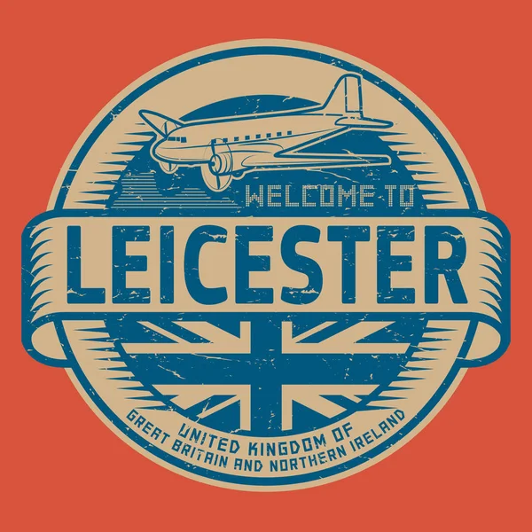 Stämpel eller tag med flygplan text Välkommen till Leicester, United Kin — Stock vektor