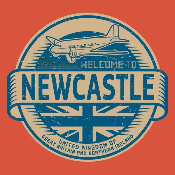 Stämpel eller tag med flygplan text Välkommen till Newcastle, United Kin — Stock vektor