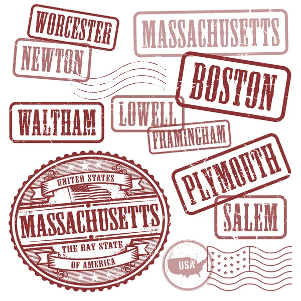 Stamps set with names of cities in State of Massachusetts — Stock Vector