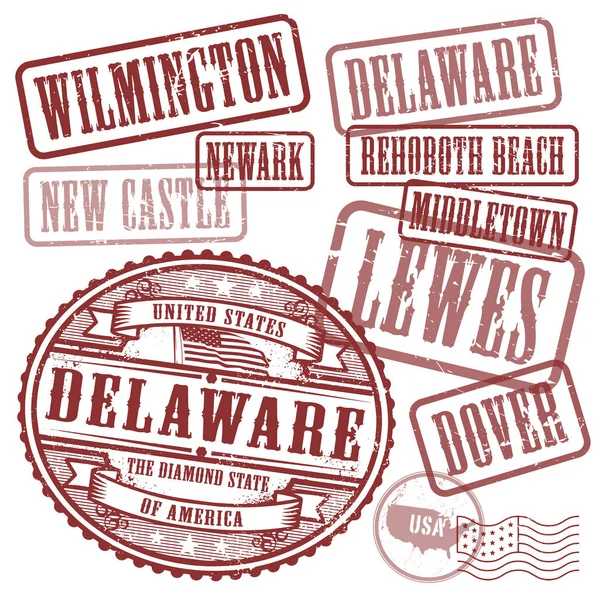 Stempels set met namen van steden in de staat Delaware — Stockvector