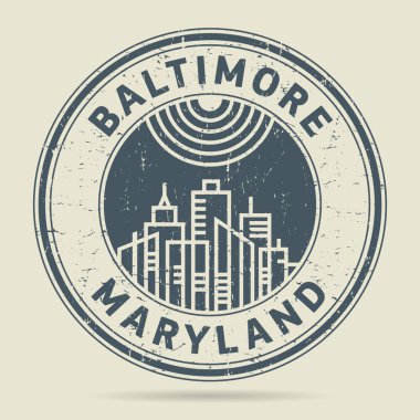 Grunge lastik damgası veya metin Baltimore, Maryland etiketi